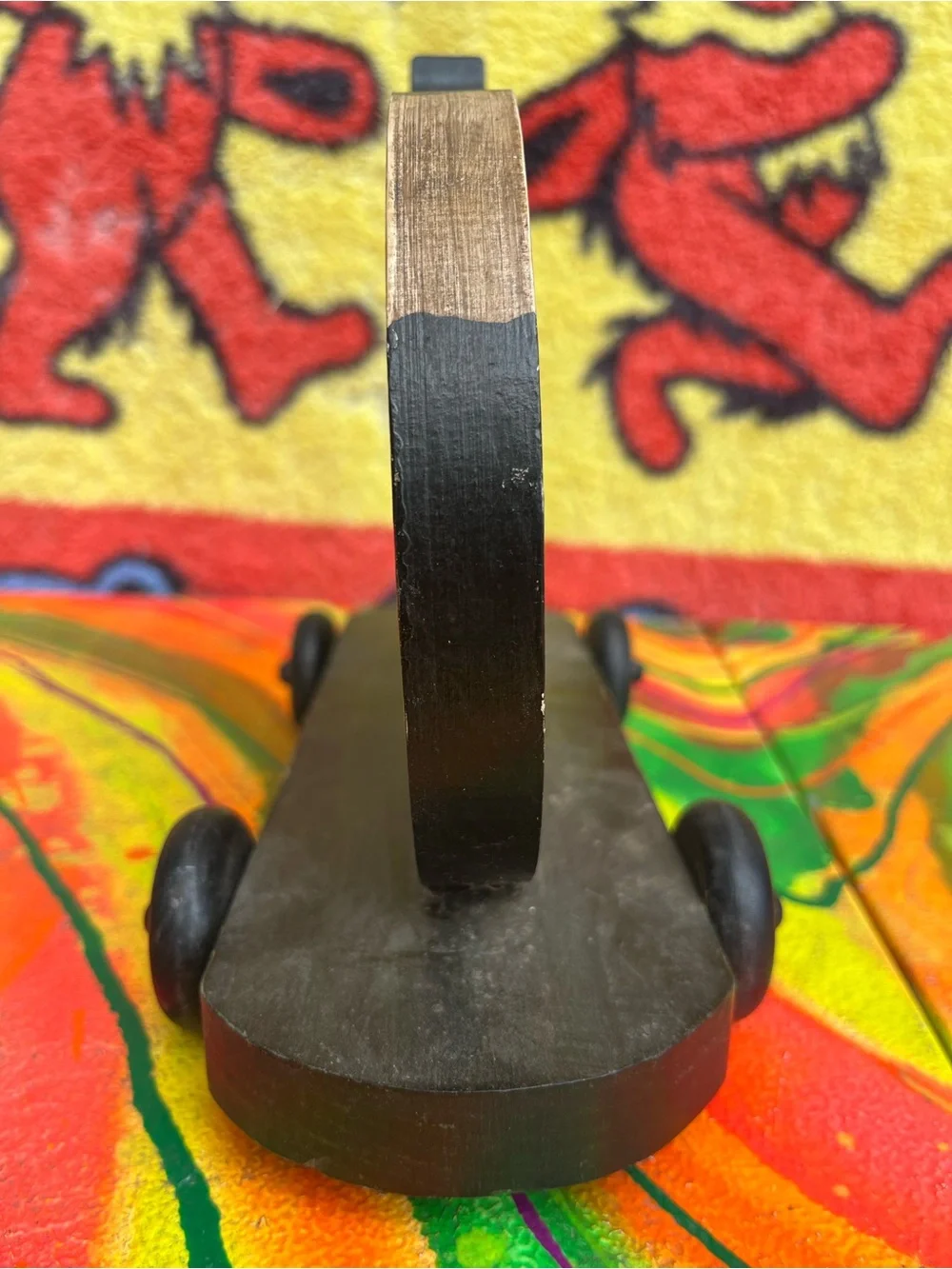 Handcrafted Wooden Cat skateboard Pull Toy - Black and Natural